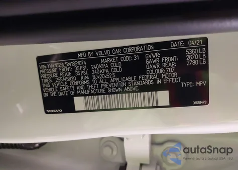 2021 Volvo Xc60 T5 Inscription из США, поврежденный, VIN YV4102RL5M1851074